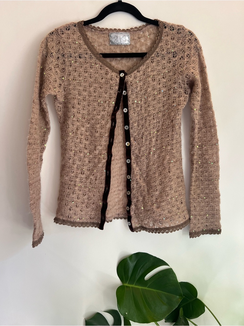Beige Sequin Openwork Knit Cardigan with Velvet Trim